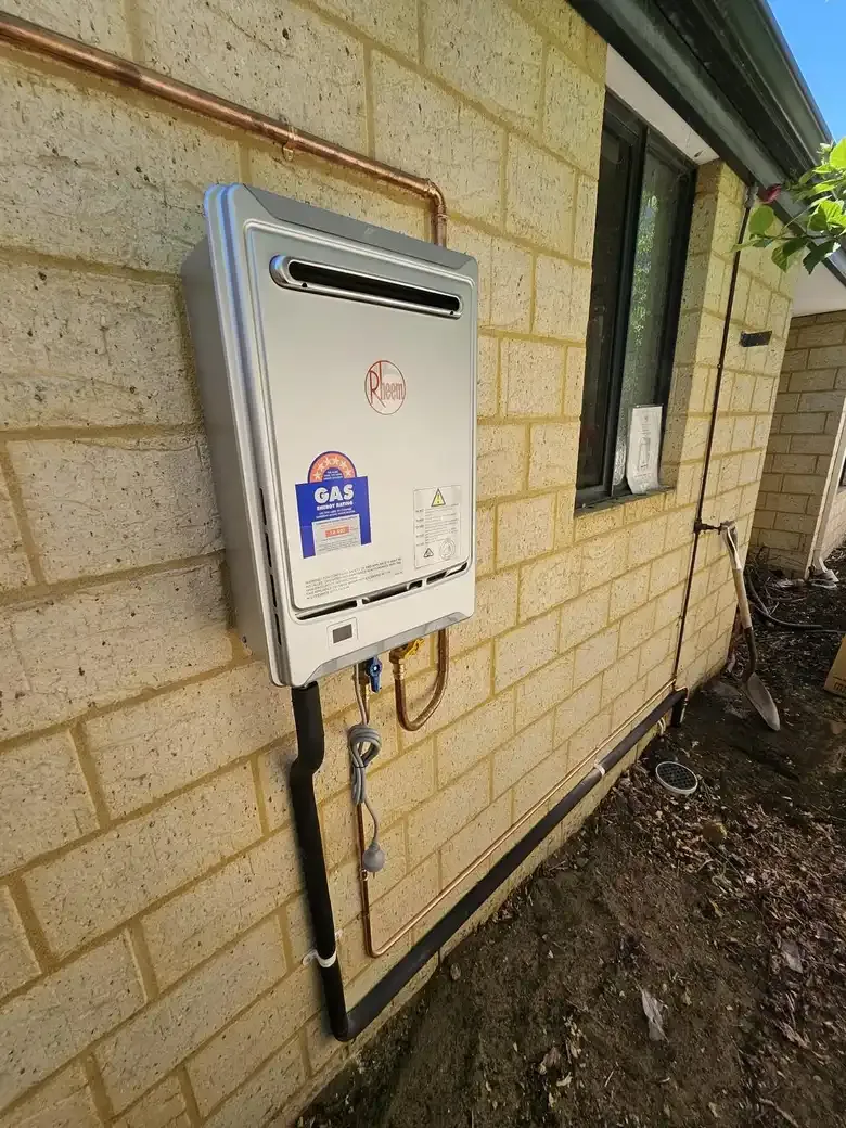 A gas continuous flow hot water unit mounted on an external wall.